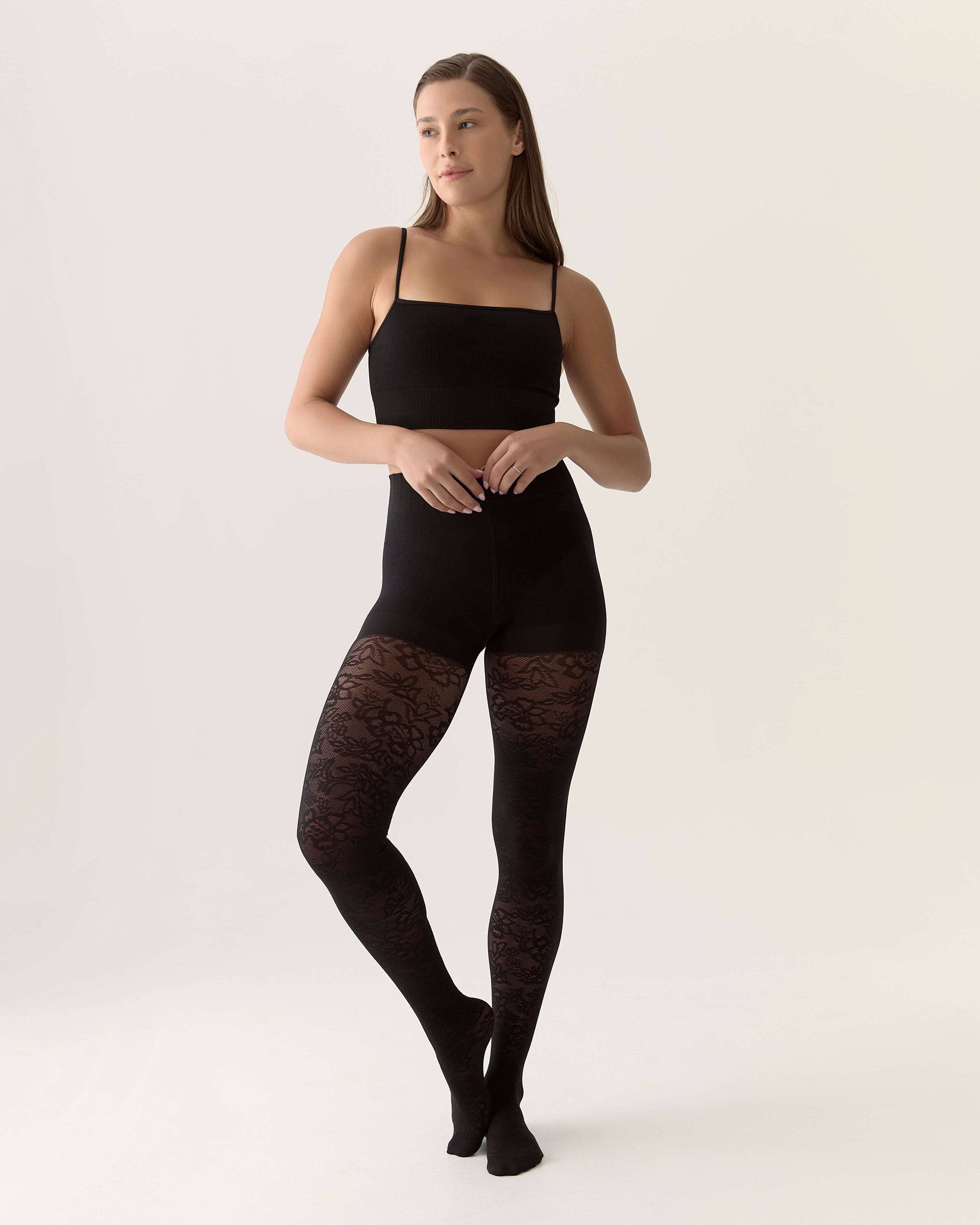 Collant dentelle florale culotte modelante - Noir