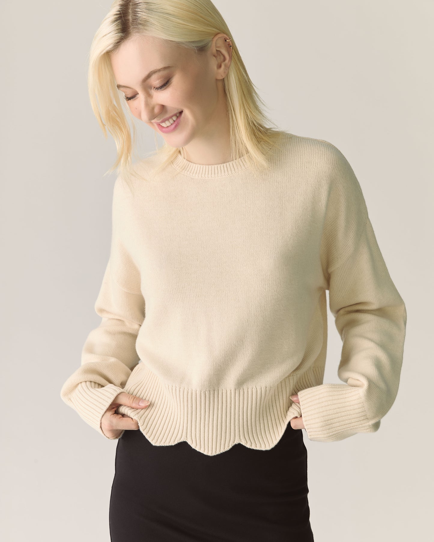 Pull festonné en mérinos responsable - Crème fouettée