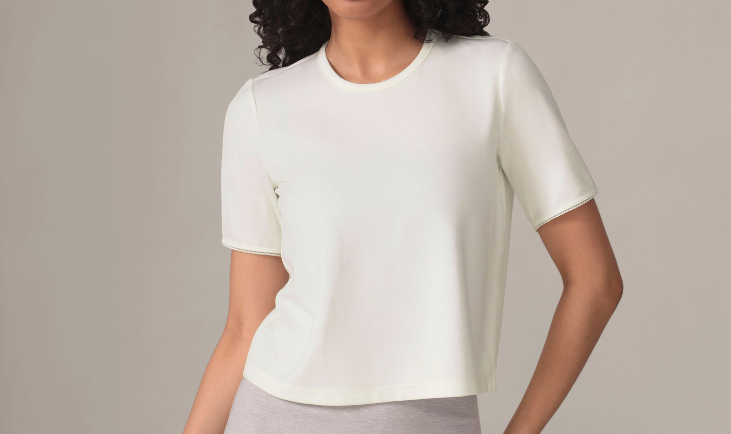 Woman wearing a white t-shirt 