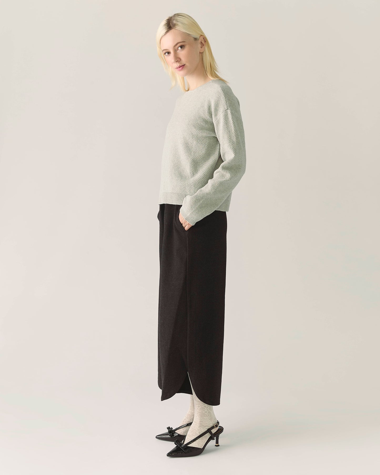 Heather grey reversible cardigan and black pants 
