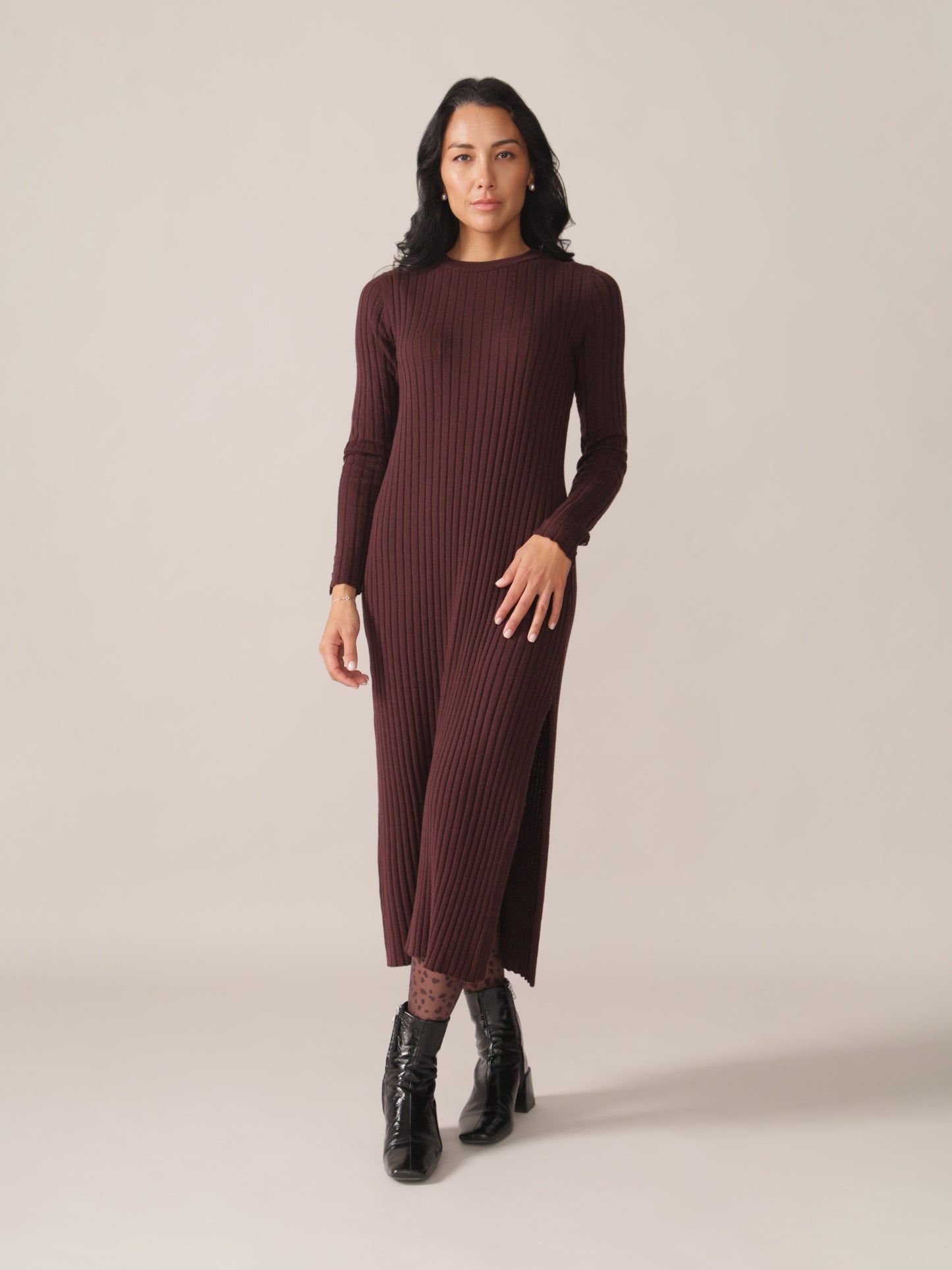 Robe maxi côtelée Mérinos responsable - Prune
