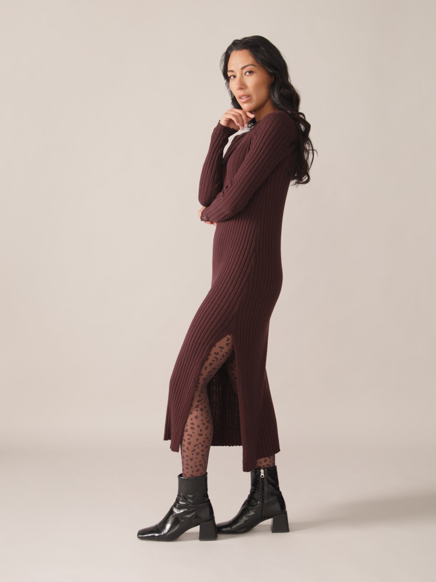 Robe maxi côtelée Mérinos responsable - Prune