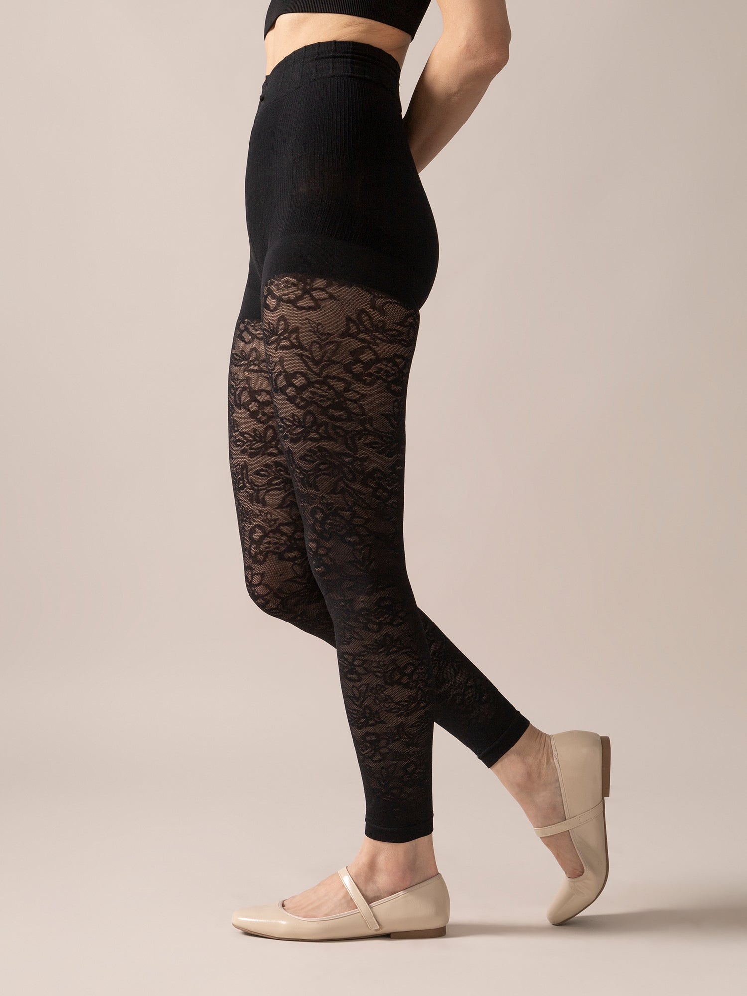 Collant sans pieds dentelle florale contour modelant - Noir