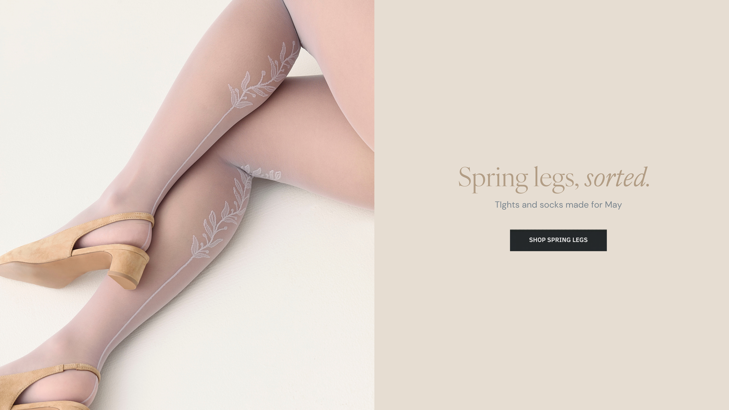 Legs wearing beige tights with floral embroidery on a light background, accompanied by text and a call to action button.